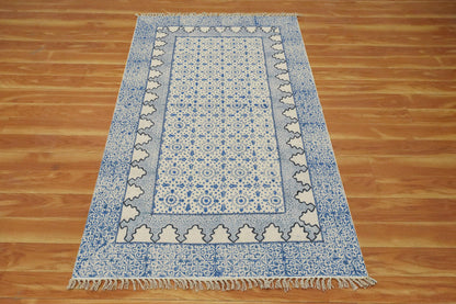 Hand Embroidery Work Geometric Blue Beige Outhouse Decor Cotton Rug