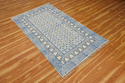 Hand Embroidery Work Geometric Blue Beige Outhouse Decor Cotton Rug