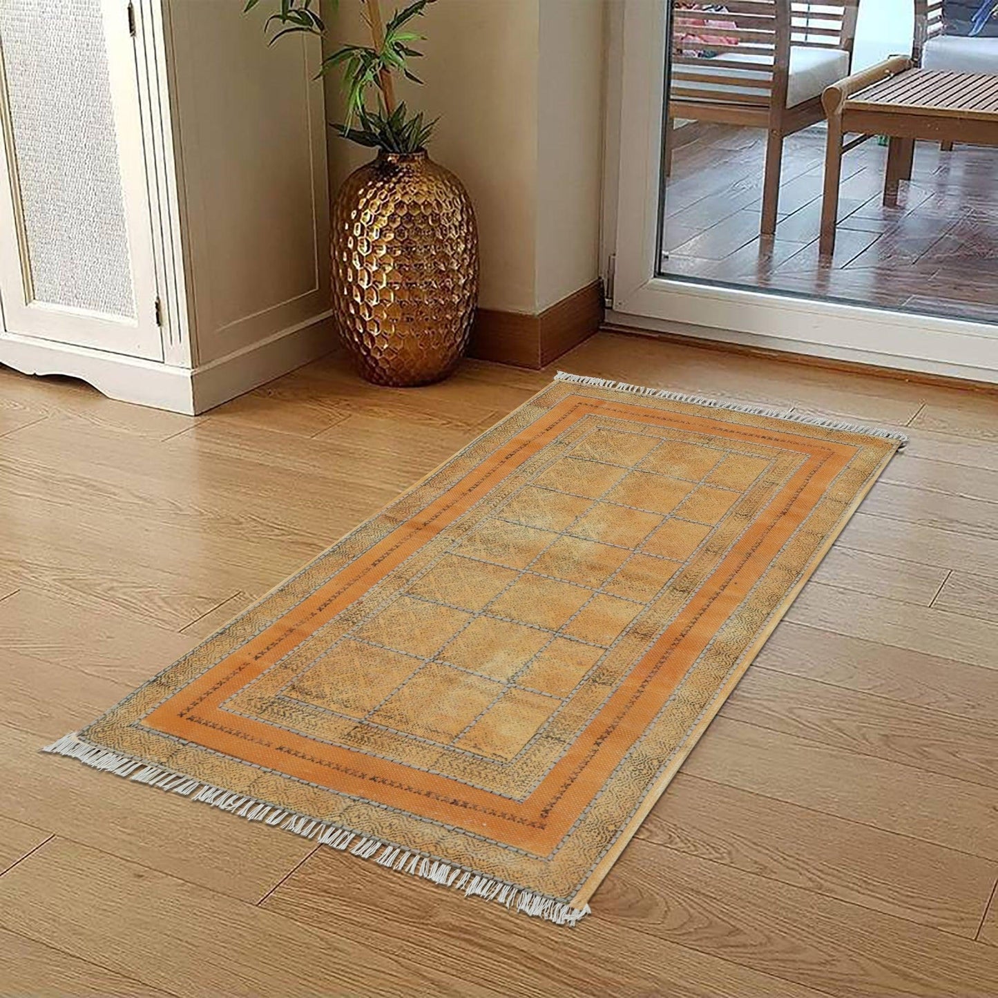 Hand Embroidery Work Geometric Orange Bronze Outhouse Decor Cotton Rug