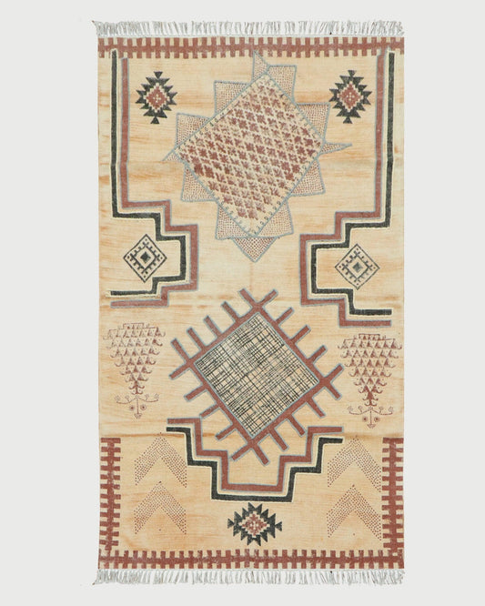 Indian Hand Embroidery Work Geometric Brown Multicolor Outhouse Decor Cotton Rug