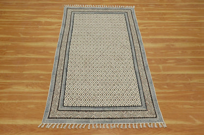 Indian Hand Embroidery Work Geometric Black Beige Outhouse Decor Cotton Rug