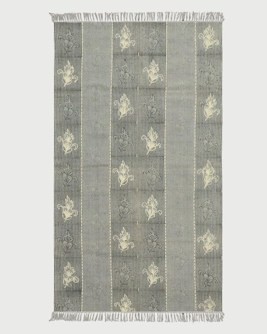 Indian Hand Embroidery Work Geometric Gray Beige Outhouse Decor Cotton Rug