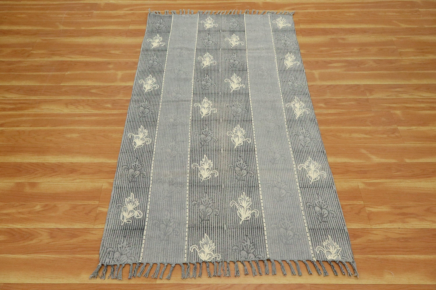 Indian Hand Embroidery Work Geometric Gray Beige Outhouse Decor Cotton Rug