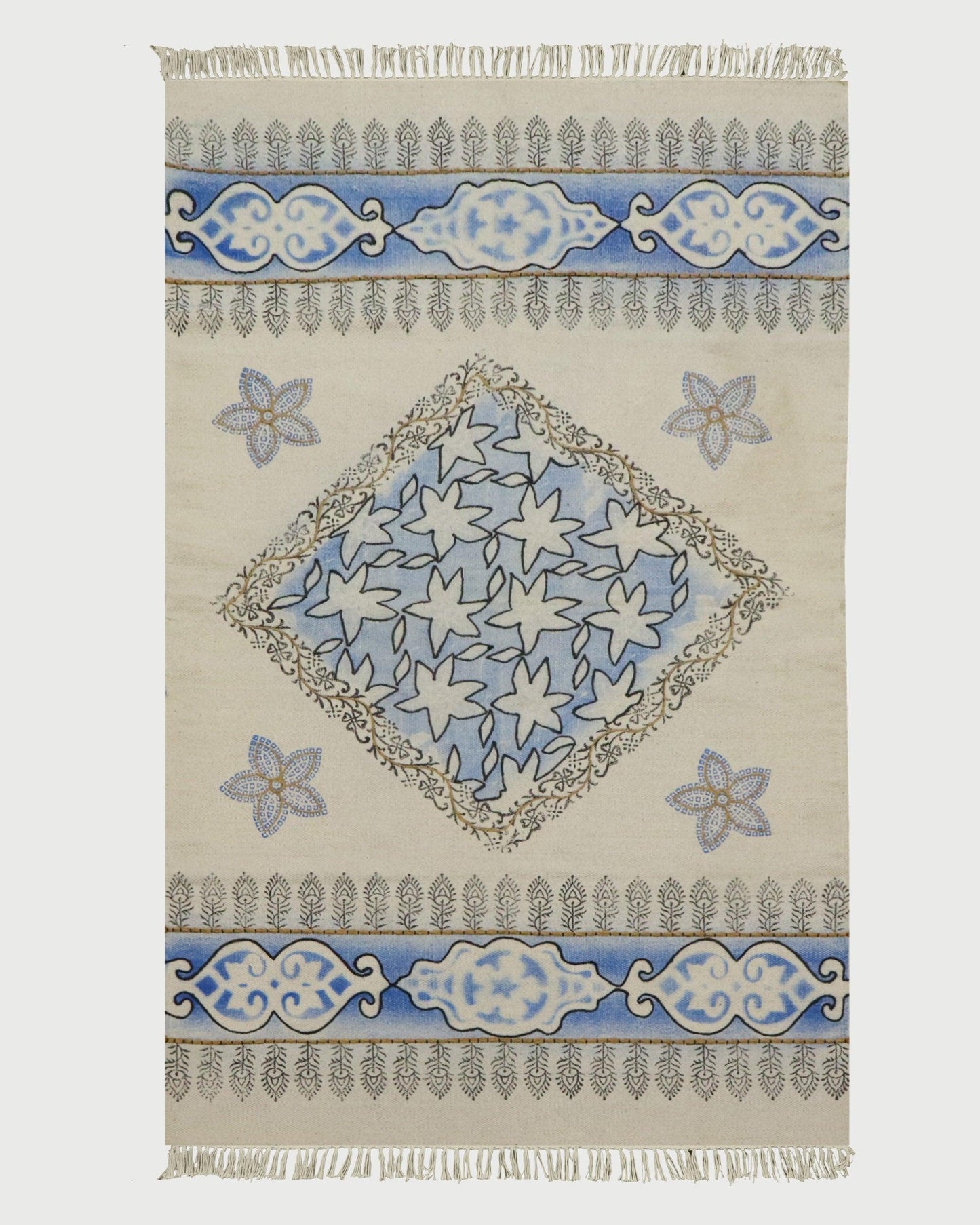 Indian Hand Embroidery Work Geometric Blue Beige Outhouse Decor Cotton Rug