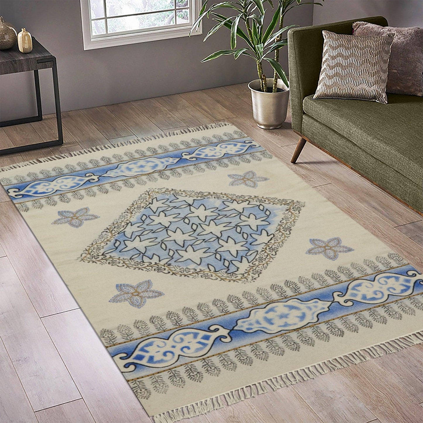 Indian Hand Embroidery Work Geometric Blue Beige Outhouse Decor Cotton Rug