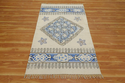 Indian Hand Embroidery Work Geometric Blue Beige Outhouse Decor Cotton Rug