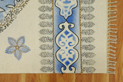 Indian Hand Embroidery Work Geometric Blue Beige Outhouse Decor Cotton Rug