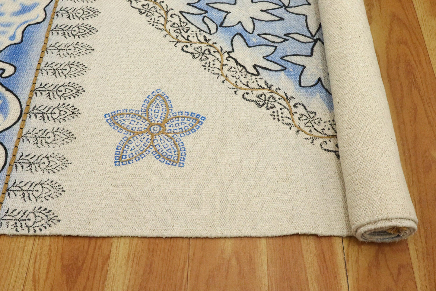 Indian Hand Embroidery Work Geometric Blue Beige Outhouse Decor Cotton Rug