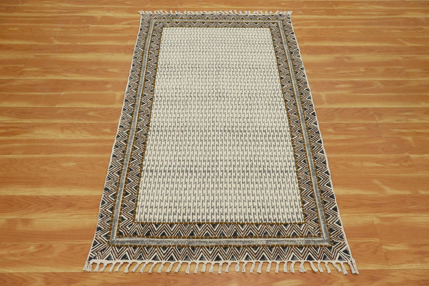 Indian Hand Embroidery Work Geometric Gray Brown Outhouse Decor Cotton Rug