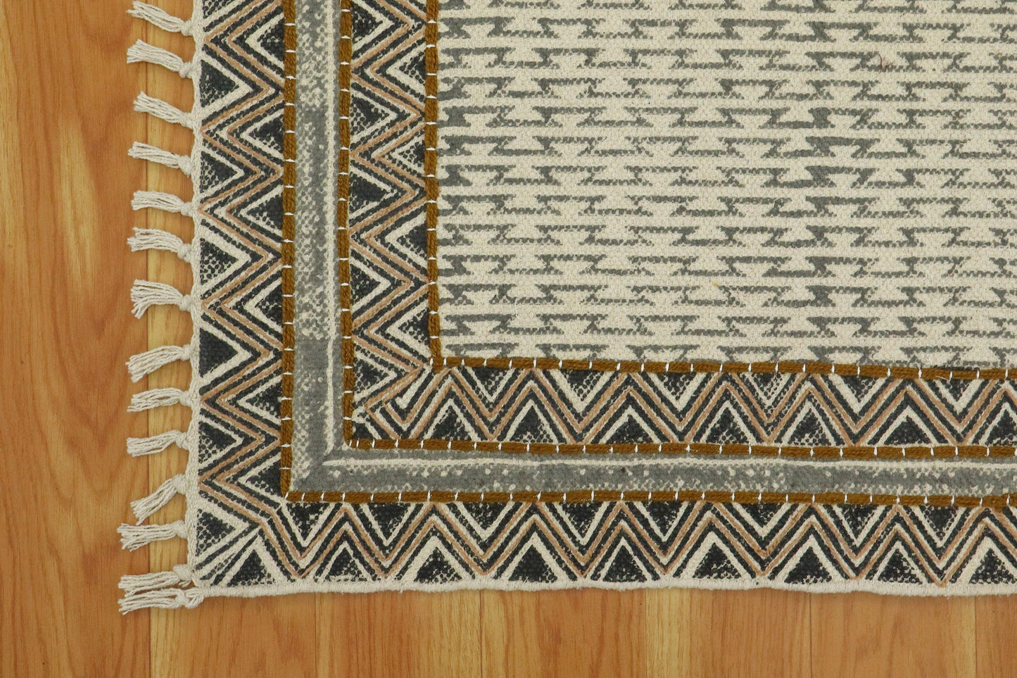 Indian Hand Embroidery Work Geometric Gray Brown Outhouse Decor Cotton Rug