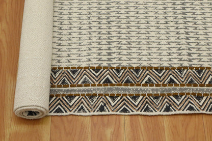 Indian Hand Embroidery Work Geometric Gray Brown Outhouse Decor Cotton Rug