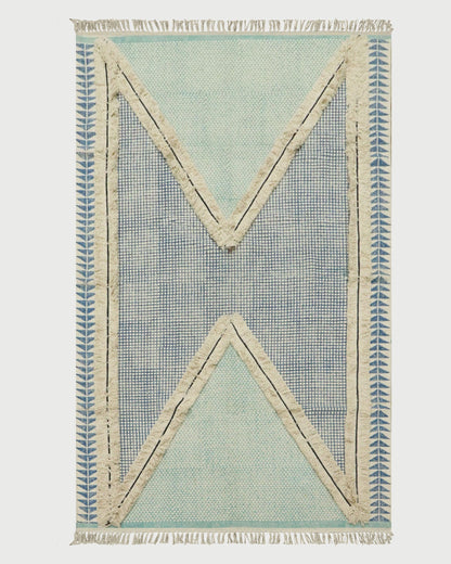 Indian Hand Tufted Work Geometric Blue Beige Outhouse Decor Cotton Rug