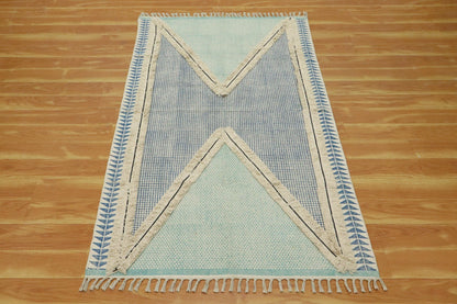 Indian Hand Tufted Work Geometric Blue Beige Outhouse Decor Cotton Rug