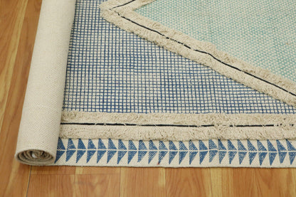 Indian Hand Tufted Work Geometric Blue Beige Outhouse Decor Cotton Rug