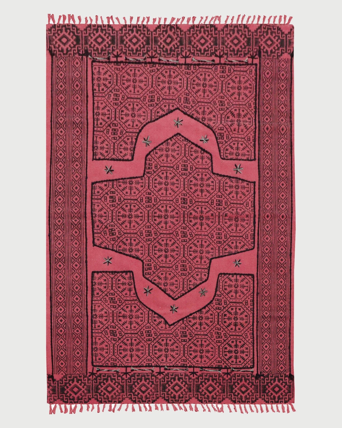 Hand Embroidery Indian Work Geometric Red Black Farmhouse Cotton Rug