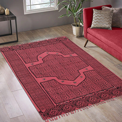 Hand Embroidery Indian Work Geometric Red Black Farmhouse Cotton Rug