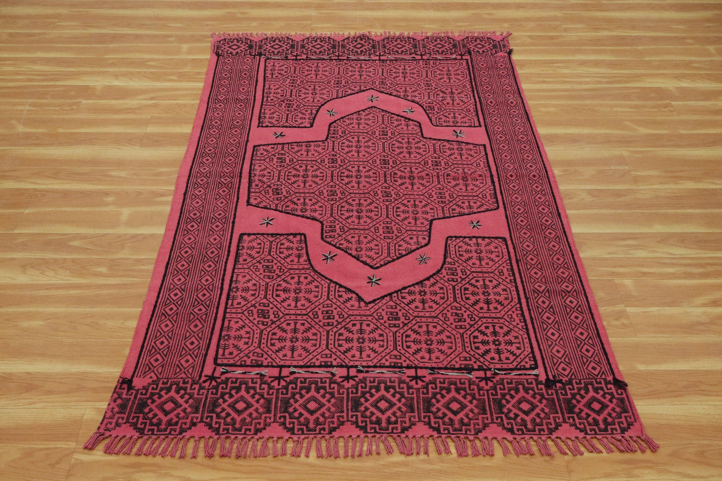 Hand Embroidery Indian Work Geometric Red Black Farmhouse Cotton Rug