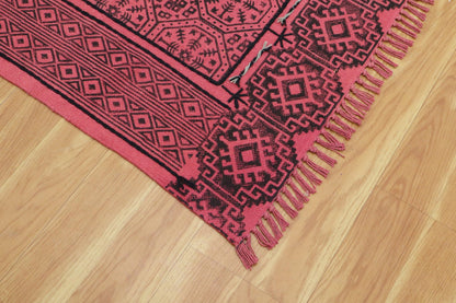 Hand Embroidery Indian Work Geometric Red Black Farmhouse Cotton Rug