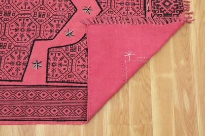 Hand Embroidery Indian Work Geometric Red Black Farmhouse Cotton Rug