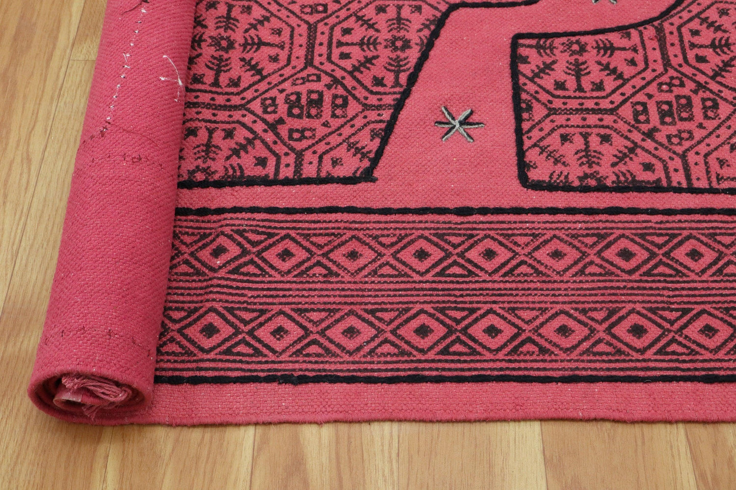 Hand Embroidery Indian Work Geometric Red Black Farmhouse Cotton Rug