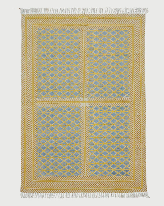 Hand Embroidery Indian Work Geometric Blue Brown Farmhouse Cotton Rug