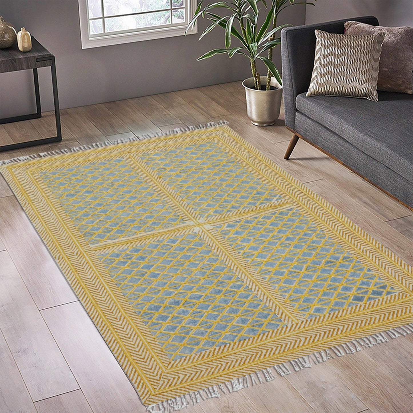 Hand Embroidery Indian Work Geometric Blue Brown Farmhouse Cotton Rug