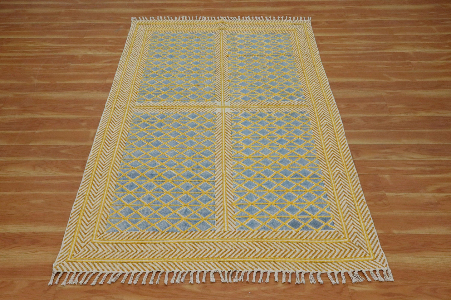 Hand Embroidery Indian Work Geometric Blue Brown Farmhouse Cotton Rug