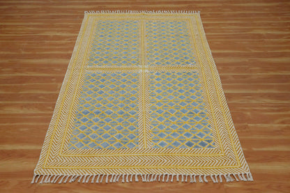 Hand Embroidery Indian Work Geometric Blue Brown Farmhouse Cotton Rug