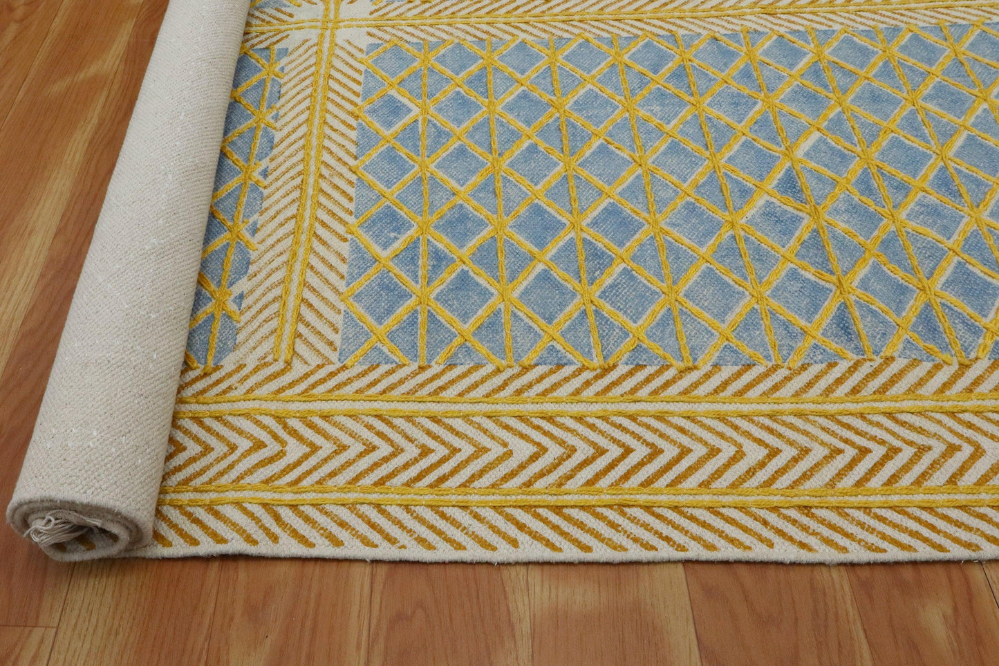 Hand Embroidery Indian Work Geometric Blue Brown Farmhouse Cotton Rug