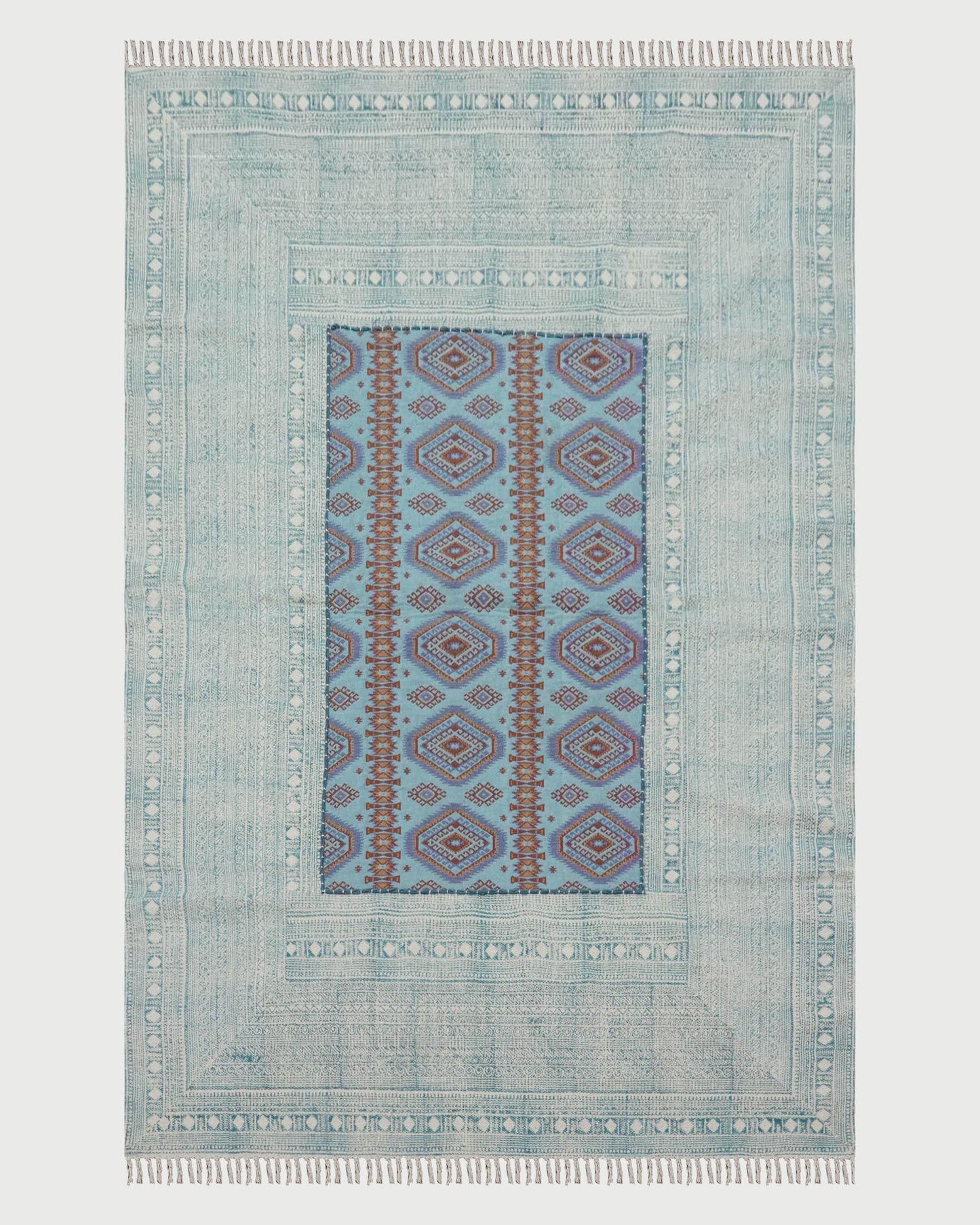 Hand Embroidery Indian Work Geometric Farmhouse Blue Multicolor Cotton Rug