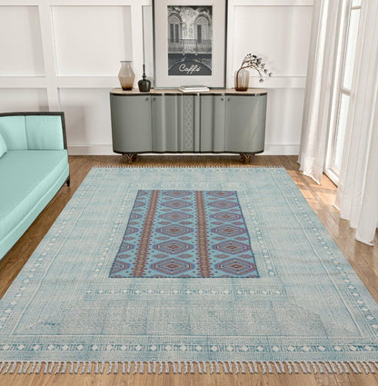 Hand Embroidery Indian Work Geometric Farmhouse Blue Multicolor Cotton Rug