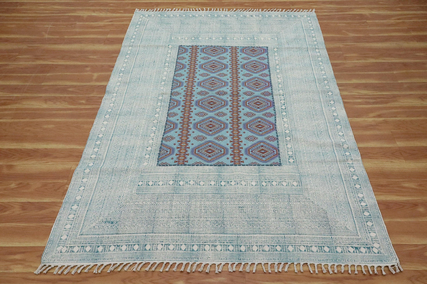 Hand Embroidery Indian Work Geometric Farmhouse Blue Multicolor Cotton Rug