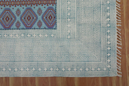 Hand Embroidery Indian Work Geometric Farmhouse Blue Multicolor Cotton Rug