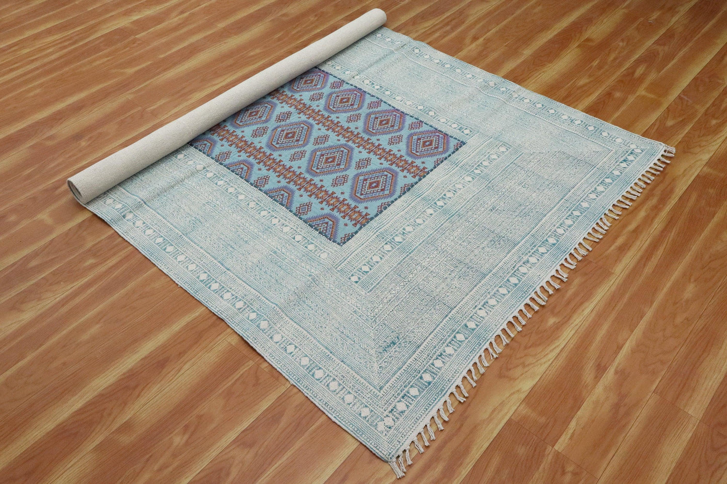 Hand Embroidery Indian Work Geometric Farmhouse Blue Multicolor Cotton Rug