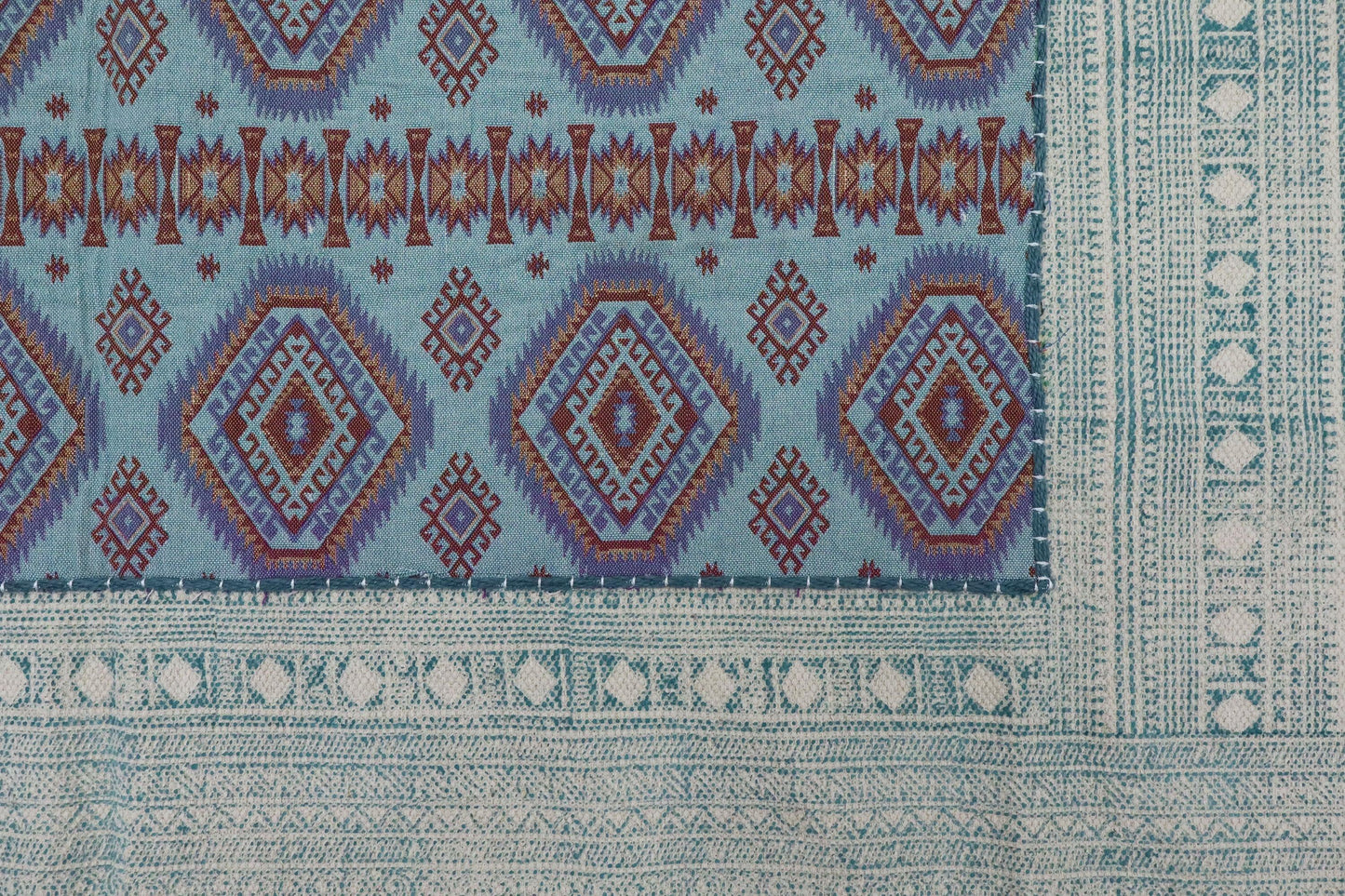 Hand Embroidery Indian Work Geometric Farmhouse Blue Multicolor Cotton Rug