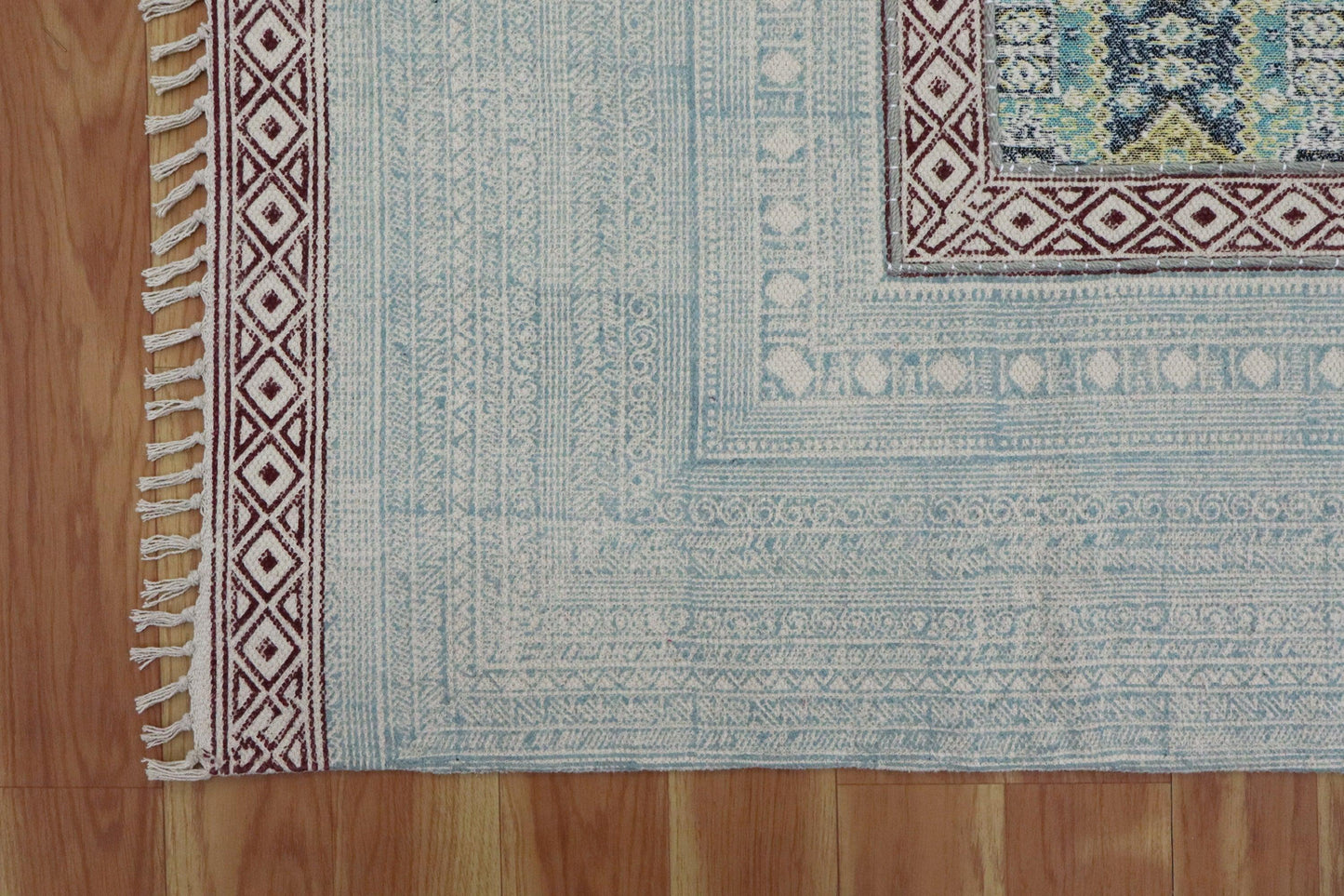 Hand Embroidery Indian Work Geometric Farmhouse Blue Maroon Cotton Dhurrie