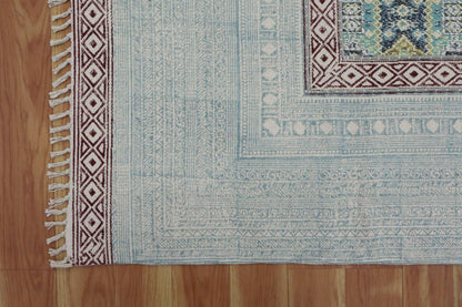 Hand Embroidery Indian Work Geometric Farmhouse Blue Maroon Cotton Dhurrie