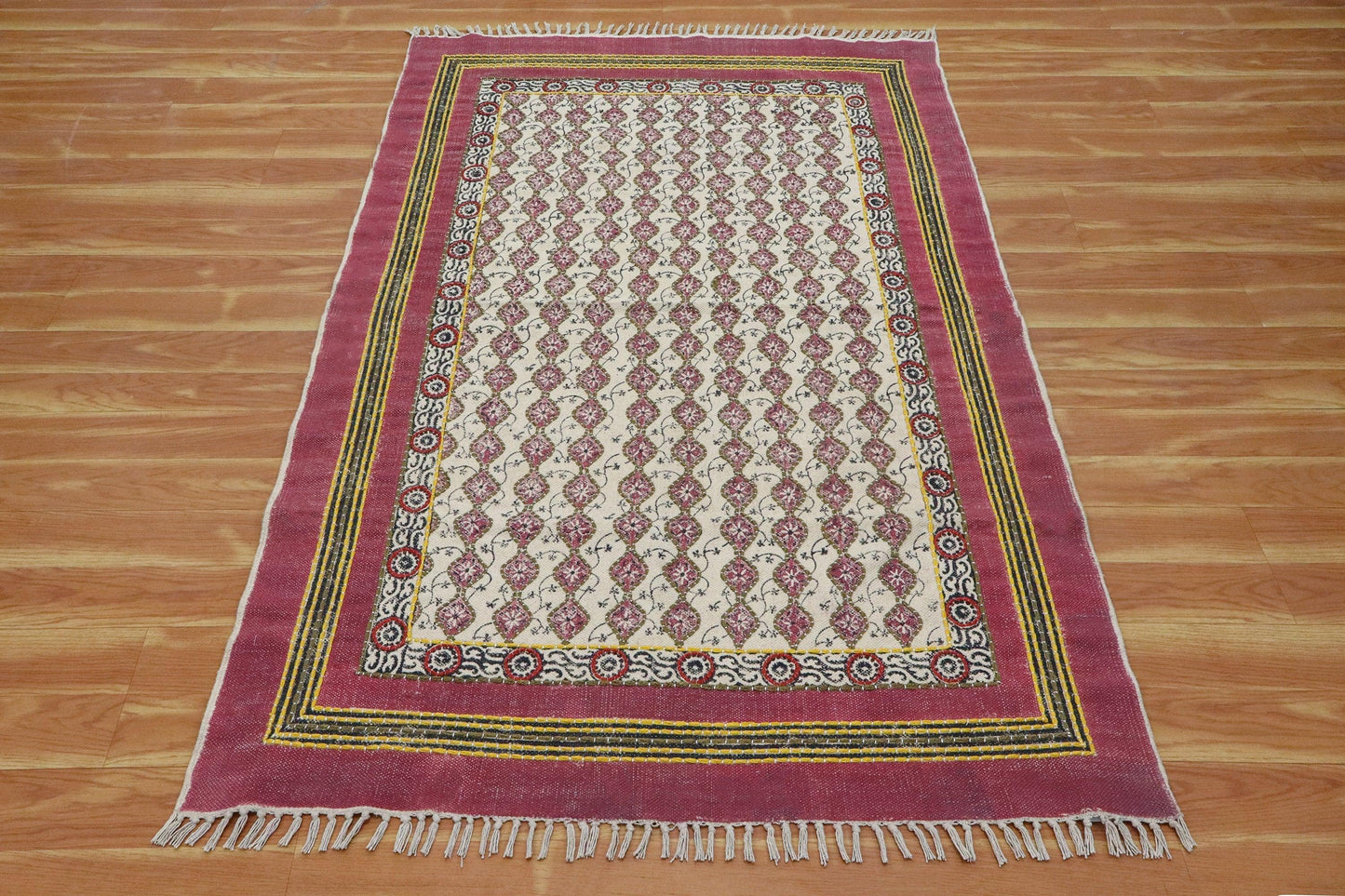 Hand Embroidery Indian Work Geometric Beautiful Red Beige Cotton Dhurrie