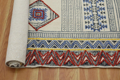 Hand Embroidery Indian Work Geometric Beautiful Red Multicolor Cotton Dhurrie