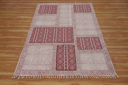 Hand Embroidery Indian Work Geometric Beautiful Red Beige Cotton Dhurriess