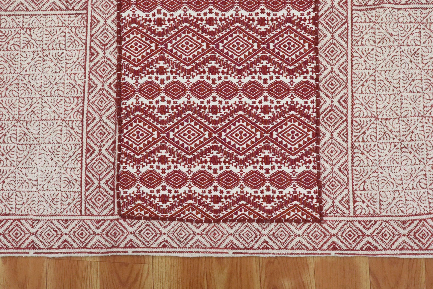 Hand Embroidery Indian Work Geometric Beautiful Red Beige Cotton Dhurriess