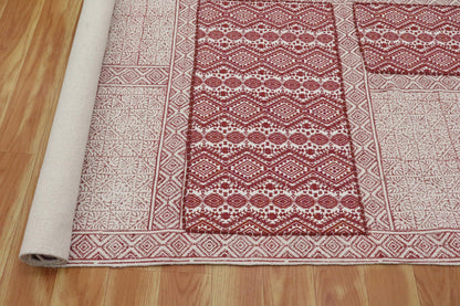 Hand Embroidery Indian Work Geometric Beautiful Red Beige Cotton Dhurriess