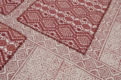 Hand Embroidery Indian Work Geometric Beautiful Red Beige Cotton Dhurriess