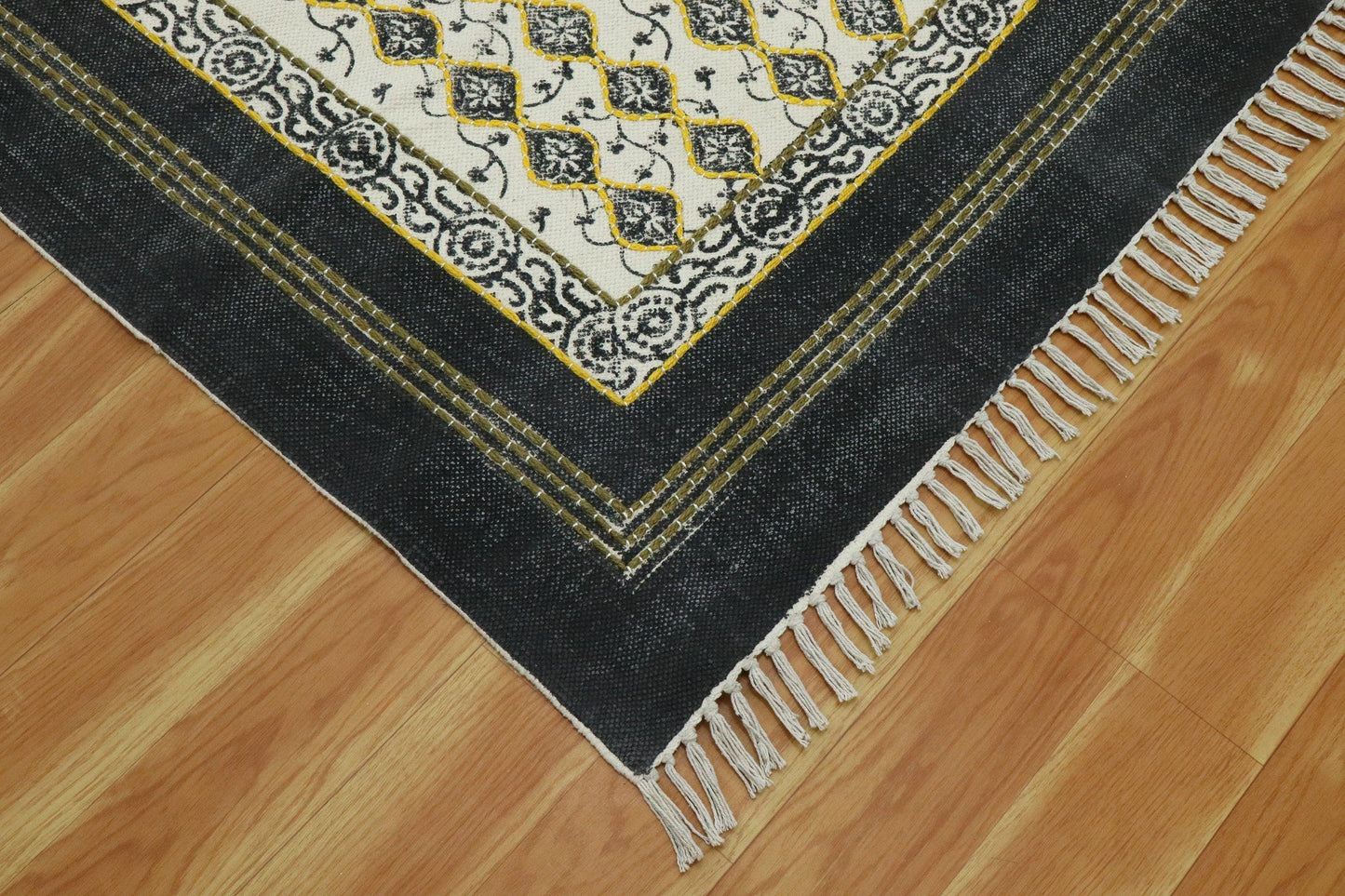 Hand Embroidery Indian Work Geometric Beautiful Black Beige Cotton Dhurriess