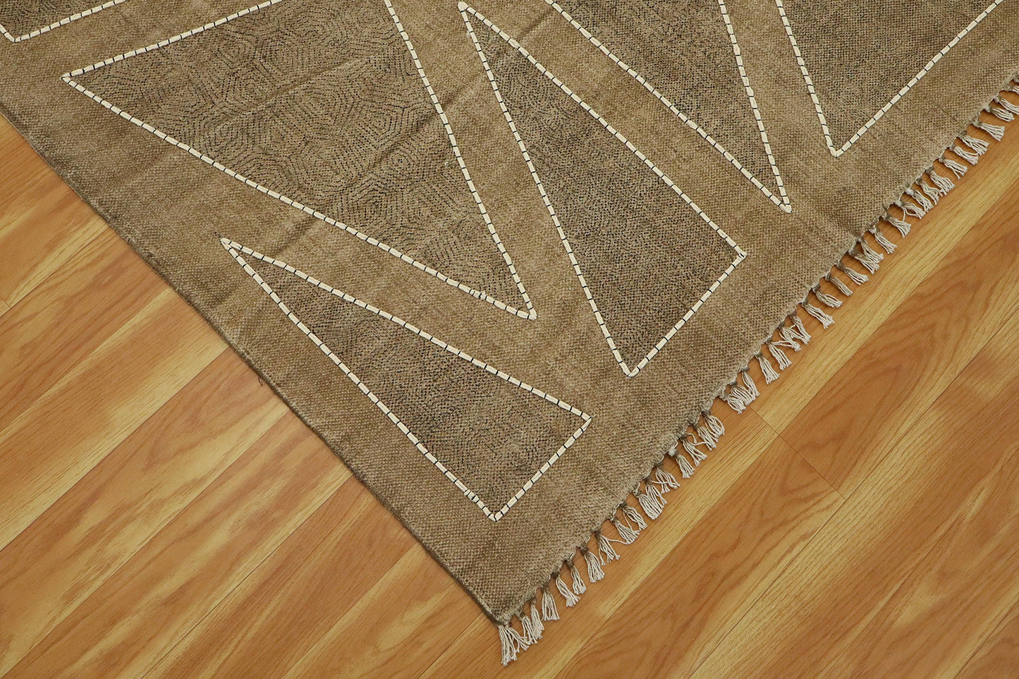 Hand Embroidery Indian Work Geometric Beautiful Brown Beige Cotton Dhurriess