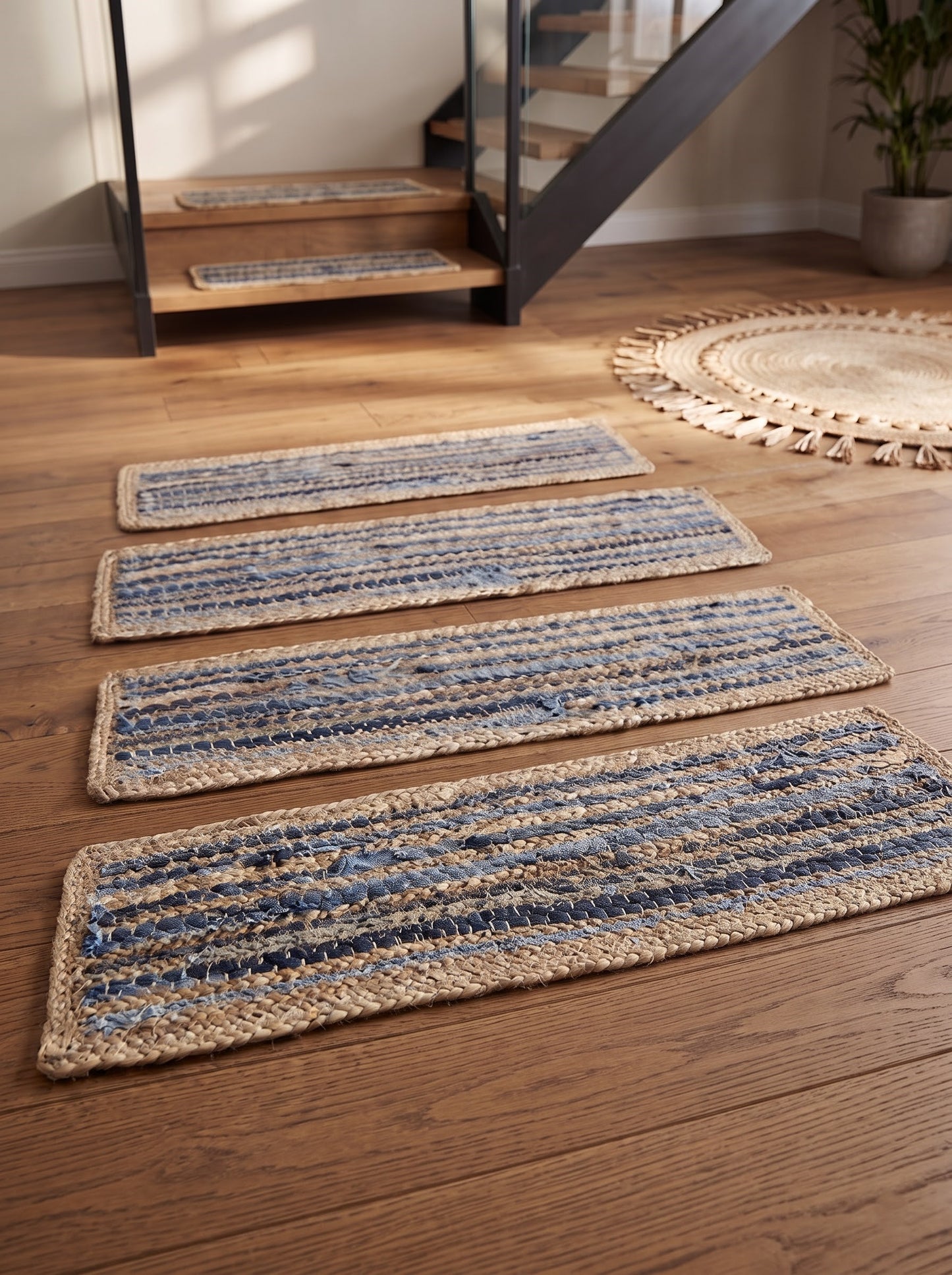 Braided Denim Jute Stair Treads, Boho Farmhouse Non-Slip Mats