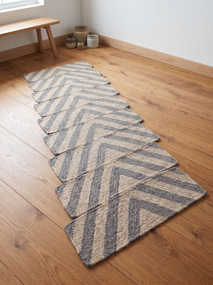 Grey Chevron Braided Jute Stair Treads, Natural Fiber Boho Farmhouse Carpet