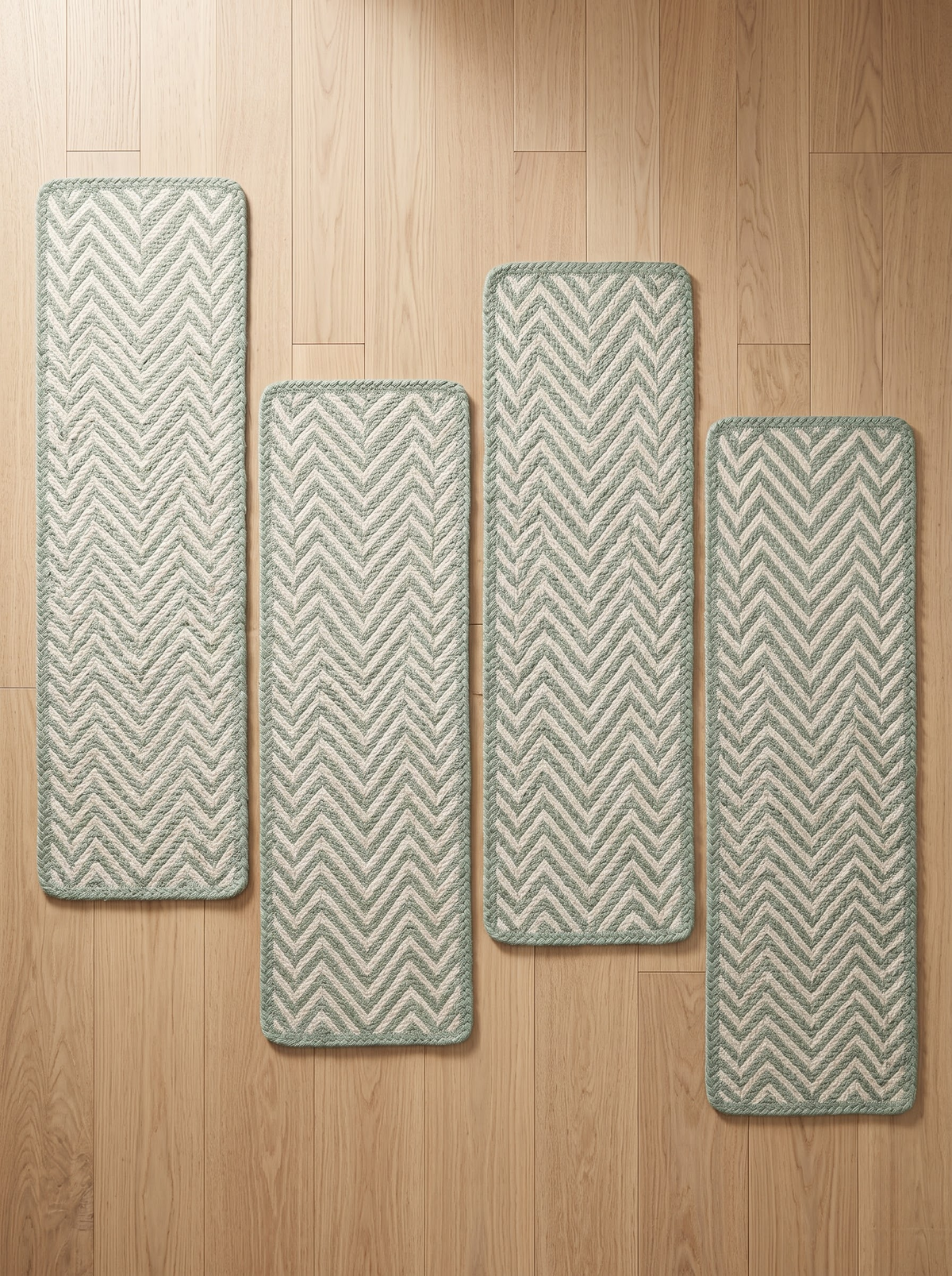 Celadon Green Handwoven Flame Stitch Stair Tread Mats, Rounded Corners, Cottage Style Decor