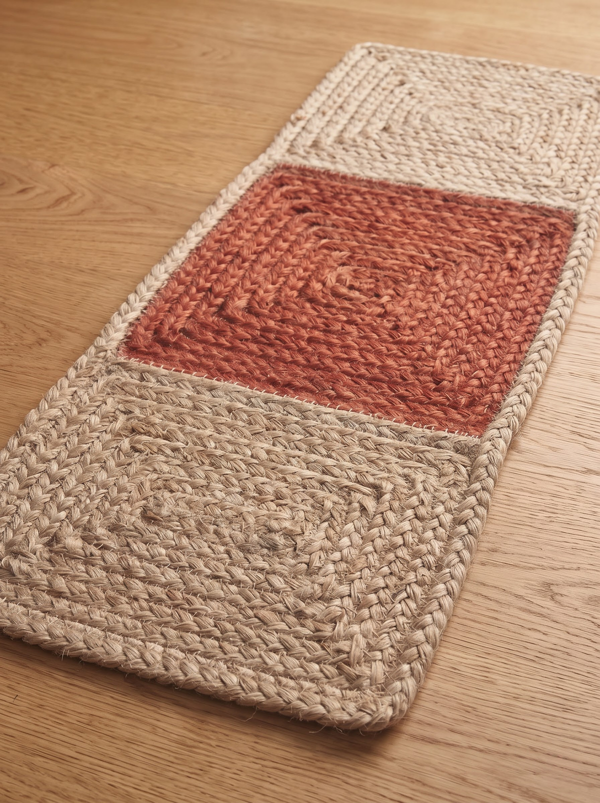 Handmade Braided Stair Treads, Brick Red Geometric Center, Farmhouse Step Mats