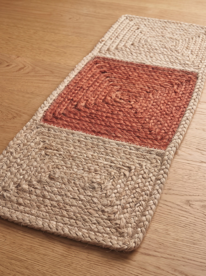 Handmade Braided Stair Treads, Brick Red Geometric Center, Farmhouse Step Mats